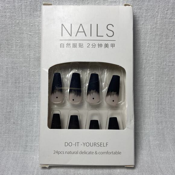 Goth Matte Black Press On Nails 25 Pc Set Medium Coffin Frosted Look Kit w/Glue - Picture 2 of 3